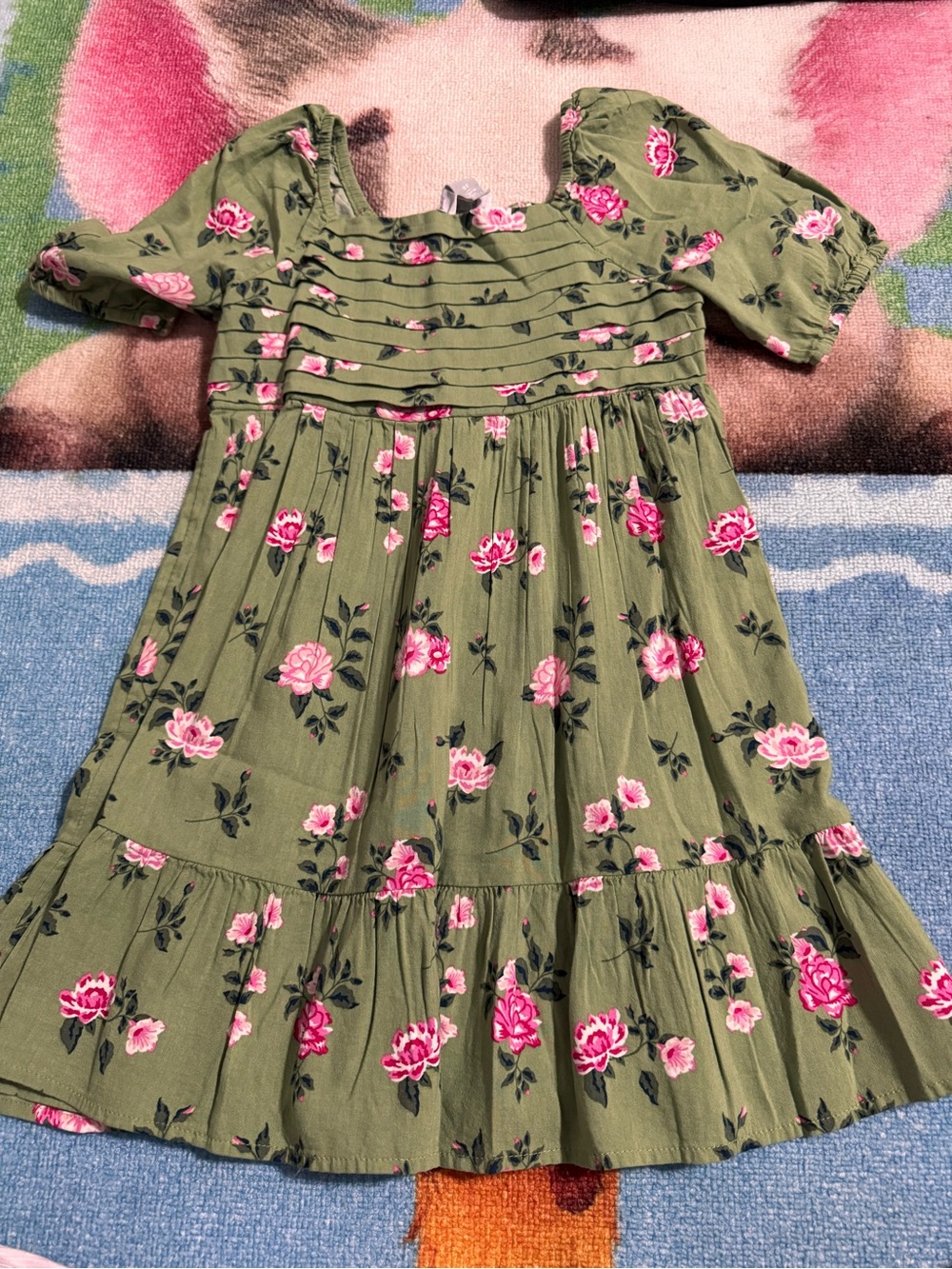 The Children's Place Olive Green Floral Dress with Pink Roses